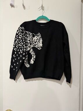 Black Crewneck Sweater with White Leopard Intarsia - Women